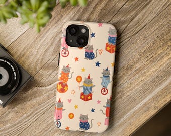 Cute Circus Cat Phone Case, Colorful Clown Kitten Pattern Gift for Cat Lovers, Protective iPhone 16 15 14 & Samsung S24 S23 Cover, C006