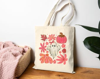 Spooky Cute Ghost Tote Bag, Halloween Canvas Bag, Pink Pumpkin Aesthetic, Fall Gift for Her, Eco-Friendly Cotton Tote, halloween gift, T011