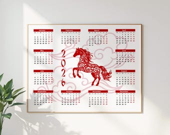 2026 Jahr des Feuerpferdes Kalender Poster | Ganzjahreskalender | Chinesisches Sternzeichen Kunst I Skalierbares PDF | Herunterladen