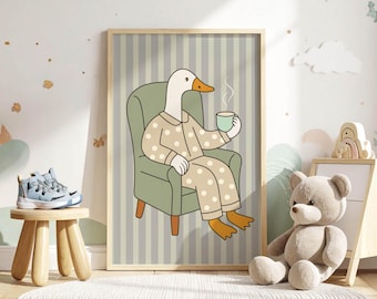 Goose Wall Art, Goose in Pajamas Art Print, Quirky Animal Print, Funny Animal Wall Decor, Digital Download