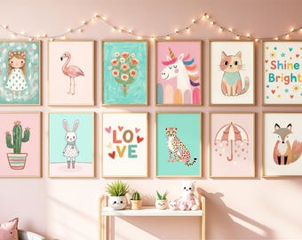 Girls Room Print Set Bundle - 30 Whimsical Illustrations, Animal Prints, Nursery Decor, Playroom Gallery Wall,  Pink Girls Room Decor
