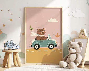 Nursery Transport Boys Room Nursery Teddy Bear in Retro Sports Car Print: Playful Kids Room Decor Scalable PDF Prints (Digital Download)