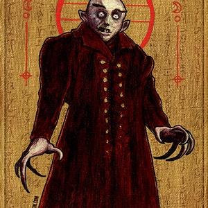 Puede incluir: Una ilustración dibujada a mano de un vampiro con un abrigo rojo, rostro pálido y dientes afilados. La imagen está sobre un fondo dorado con detalles rojos y negros. El texto "MCXI" y "XXII" es visible en las esquinas superiores de la imagen.