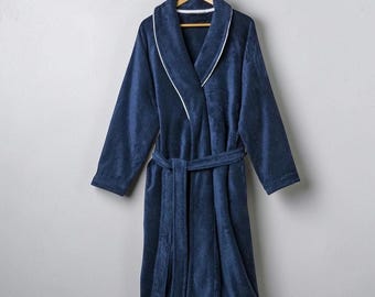 Luxury Navy Blue Cotton Terry Bathrobe | Carre Blanc Embroidery