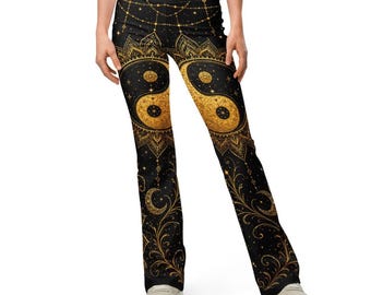 Yin Yang Flared Leggings Women – Gold Mandala Yoga Pants, High Waist Boho Festival Outfit, Spiritual Clothing Gift