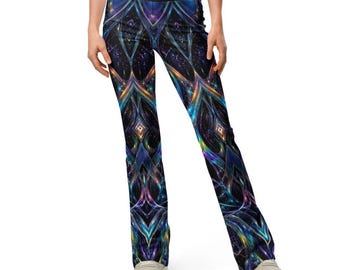 Tropical Peacock Flare Leggings Women – Psychedelic Rave Pants, High Waist Festival EDM Y2K Streetwear Gift