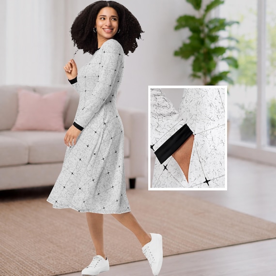 Long-sleeved midi dress for women, A-line style with pockets | Grey and Black scribble cross pattern Design | Figure-hugging casual and evening dress
