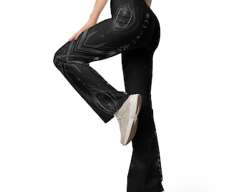Leggings évasés noirs et gris pour femme – Pantalon gothique technique, tenue festival céleste Y2K, streetwear alternatif