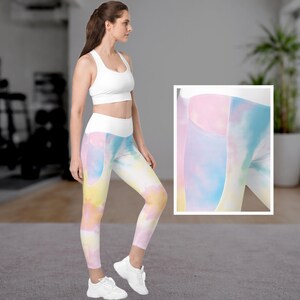 High Waist Leggings Damen mit Taschen – Pink Gelb Batik Yoga Fitness Streetwear Sport Alltagsleggings Geschenkidee