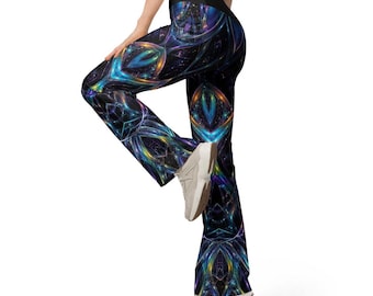 Damskie legginsy Tropical Peacock Flare – psychodeliczne spodnie rave, prezent na festiwal EDM Y2K z wysokim stanem