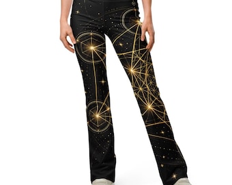 Leggings acampanados con diseño del Cubo de Metatrón para mujer – Pantalones de yoga de geometría sagrada, ropa espiritual dorada de cintura alta, regalo ideal para festivales de estilo bohemio.