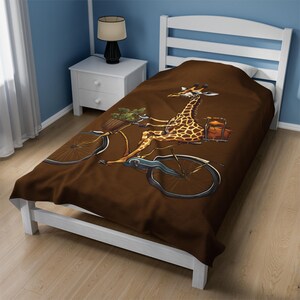 Cozy Plush Velveteen Blanket with Cute Giraffe on Bicycle Design | Soft, Warm, Customizable Throw for Home Décor, Gifts, 3 Sizes