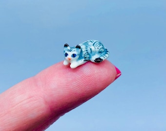 Miniature Ceramic Cat Grey Striped Tabby Kitten Collectable Dollhouse Gift