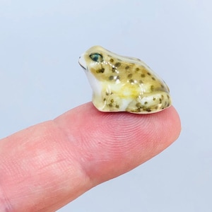May include: A small, ceramic frog figurine with brown and white spots. The frog is sitting on a finger.