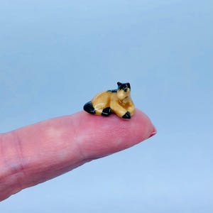 May include: A small ceramic figurine of a brown and black horse lying down. The figurine is about the size of a fingertip.