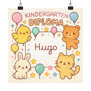 Diploma de jardín de infantes personalizado, diploma de jardín de infantes con temática de animales lindos, invitación de graduación de jardín de infantes
