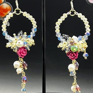 Elegant Crystal Hoop Earrings with Rose Pearl Dangles Handmade Floral Drop Earrings Gold Wire Beaded Statement Jewelry Romantic Gift for Her