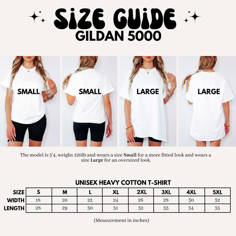 Size Guide Unisex Heavy Cotton T-shirt, Gildan 5000 Tee, Small to 5XL Shirt Measurements, Sizing Chart for Comfortable Fit