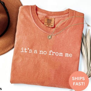 May include: A coral-colored Comfort Colors t-shirt with the phrase "it's a no from me" printed in white. A gold necklace with a pendant rests on the shirt. A brown hat is visible in the background.