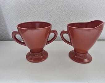 Vintage Hazel-Atlas Moderntone Platonite Sockerskål & Gräddkanna Set H-over-A Mark — Depression Glass