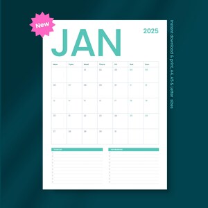 Calendario 2025 imprimible, planificador y postales. Descarga instantánea. Retrato gráfico minimalista colorido en formato A4, carta y A5. Descargable.