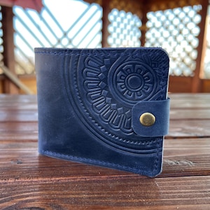 Cartera pequeña de mujer, cartera de piel azul, monedero con relieve, cartera de bolsillo, cartera única de mujer, cartera de piel suave, cartera de piel