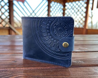Cartera pequeña de mujer, cartera de piel azul, monedero con relieve, cartera de bolsillo, cartera única de mujer, cartera de piel suave, cartera de piel