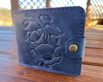 Cartera de piel azul, monedero con relieve, cartera de bolsillo, cartera de mujer única, cartera de piel suave, cartera de mujer pequeña, cartera de piel