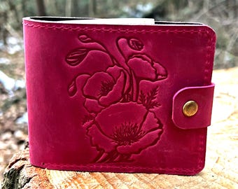 Handmade Leather Wallet, Floral Embossed Bi-Fold Wallet, Unique for Her