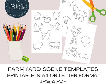 Plantillas/patrones imprimibles de animales de granja. Crea una sencilla escena de juego de fieltro de granja.