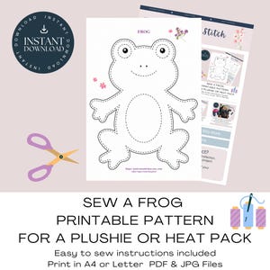 May include: A printable sewing pattern for a frog plushie or heat pack featuring a dashed outline of a frog on a white sheet. The document includes the text FROG, small floral accents, and a URL. A pair of purple-handled scissors is shown nearby.