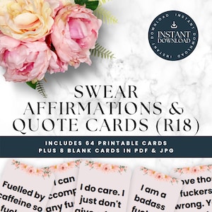 Tarjetas con frases y afirmaciones juramentadas para mujeres rudas. Tarjetas atrevidas diarias para descargar al instante en formato PDF y JPG para imprimir en tamaño A4 o carta
