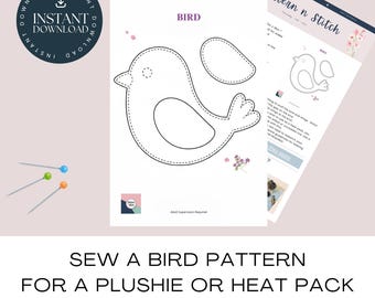 Bird Sewing Pattern:  Sew A Simple Plushie Or Heat Pack (Instant Download PDF & JPG Files)