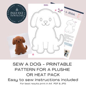 Dog Printable Pattern. Sew A Simple Dog Plushie / Cuddly / Heat Pack, Easy Sewing Project