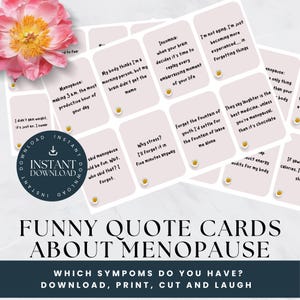 Grappige quotekaarten dagelijkse menopauze, bevestigingskaarten. Welke symptomen heb je?  Direct downloaden, afdrukken, knippen en lachen