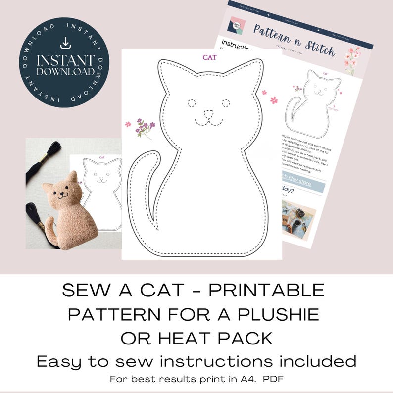 sew a cat plushie.  Cat pattern to sew a plushie or heat pack.