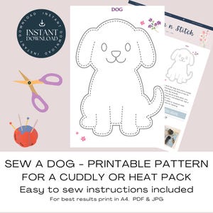 Dog Printable Pattern. Sew A Simple Dog Plushie / Cuddly / Heat Pack, Easy Sewing Project