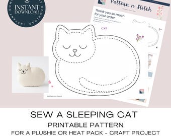 Sleeping Cat Sewing Pattern:  Sew A Simple Plushie Or Heatpack (Instant Download PDF & JPG Files)