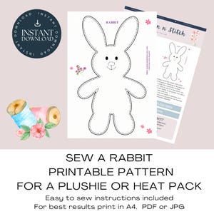 May include: A printable sewing pattern for a rabbit plushie or heat pack, featuring a black and white outline of a rabbit, small pink flower illustrations, and two wooden spools of thread with blue and pink fabric, plus instructional text.