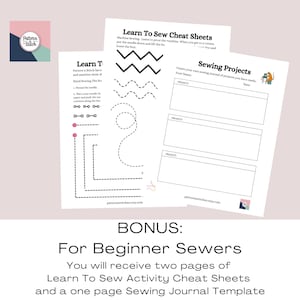 May include: Two white paper sheets featuring Learn To Sew Cheat Sheets with black printed sewing practice lines, zigzags, and curves, alongside a Sewing Projects journal template with blank boxes for project names and dates, plus a small logo.