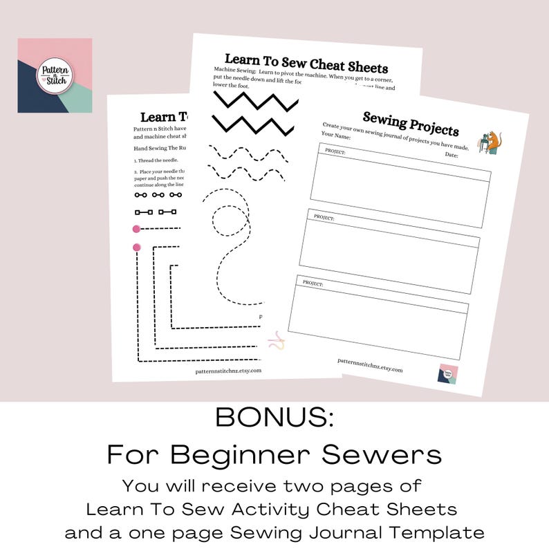May include: Two white paper sheets featuring Learn To Sew Cheat Sheets with black printed sewing practice lines, zigzags, and curves, alongside a Sewing Projects journal template with blank boxes for project names and dates, plus a small logo.