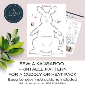 Kangaroo Printable Pattern. Sew A Kangaroo Plushie / Heat Pack / Cuddly, Easy Sewing Project