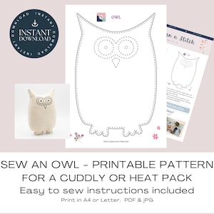 Può includere: Un modello di gufo stampabile per cucire un peluche o un impacco termico. L'immagine include un gufo finito, un contorno del modello e le istruzioni. Il testo recita "Download istantaneo" e "Sew an Owl".