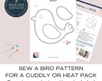 Patrón de costura de pájaro: Confecciona un peluche sencillo o una compresa térmica (Descarga instantánea en PDF y JPG)