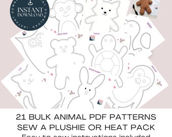 21 Bulk Animal Sewing Patterns PDF Instant Download, Animal Plushie Sewing, DIY Heatpacks, A4 Small Plushie Printable Pattern To Sew