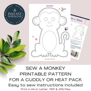 Monkey Printable Pattern. Sew A Monkey Plushie / Heat Pack / Cuddly, Easy Sewing Project