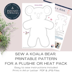 Può includere: Un cartamodello stampabile per un peluche o un cuscino termico a forma di koala. Il documento presenta il contorno tratteggiato di un koala, il testo KOALA BEAR e piccole illustrazioni floreali. Include istruzioni per la stampa A4 o Letter.
