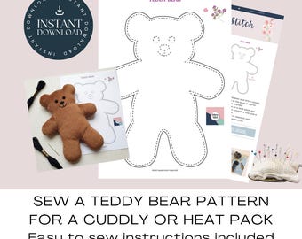 Teddy Bear Sewing Pattern:  Sew A Simple Plushie Or Heatpack (Instant Download PDF & JPG Files)