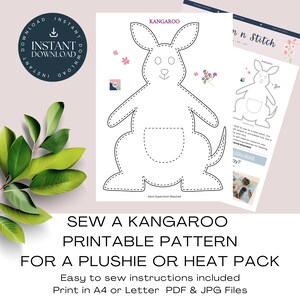 Kangaroo Printable Pattern. Sew A Kangaroo Plushie / Heat Pack / Cuddly, Easy Sewing Project