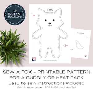 Fox Printable Pattern. Sew A Simple Fox Plushie / Heat Pack / Cuddly, Easy Sewing Project